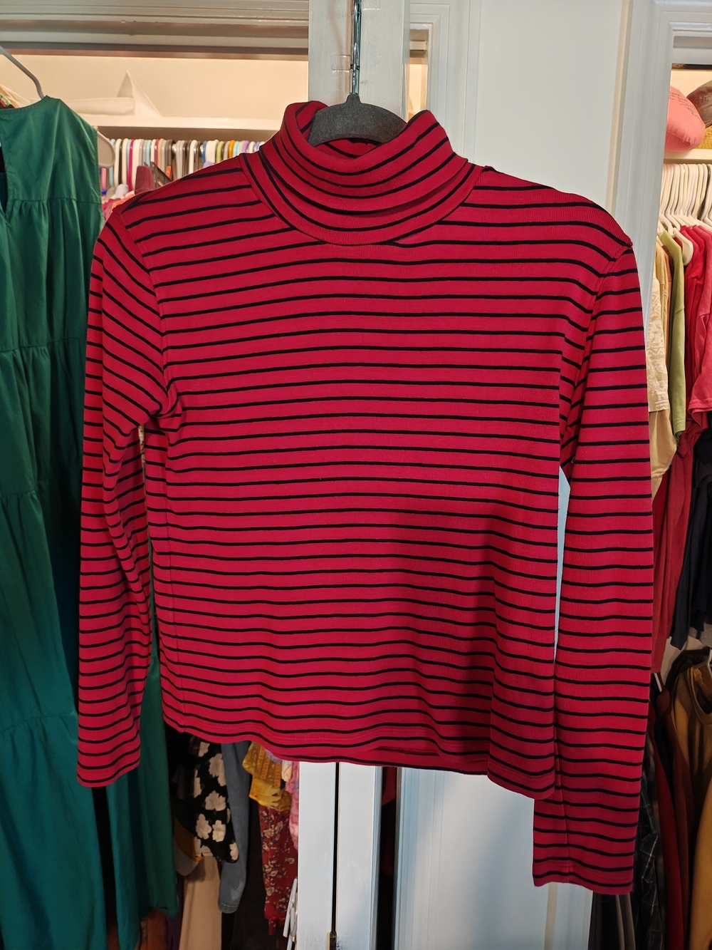 Evan Picone Red and Black Striped Turtleneck Long Sleeve Top